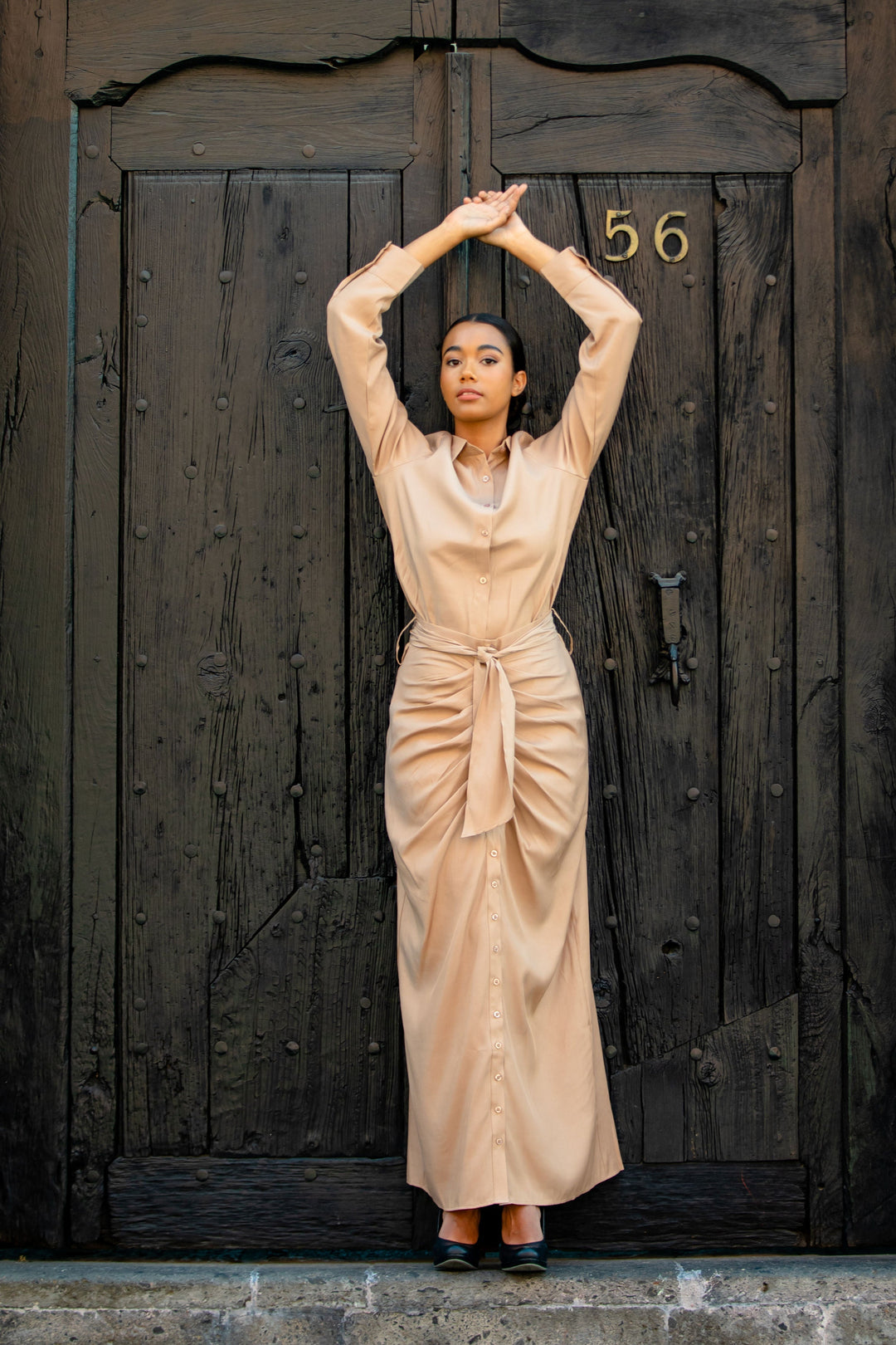 Beige Button Down Shirt and Skirt Set-CLEARANCE