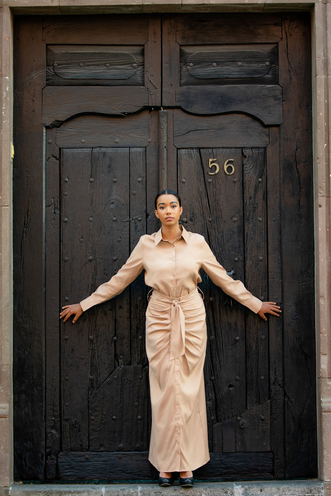 Beige Button Down Shirt and Skirt Set-CLEARANCE