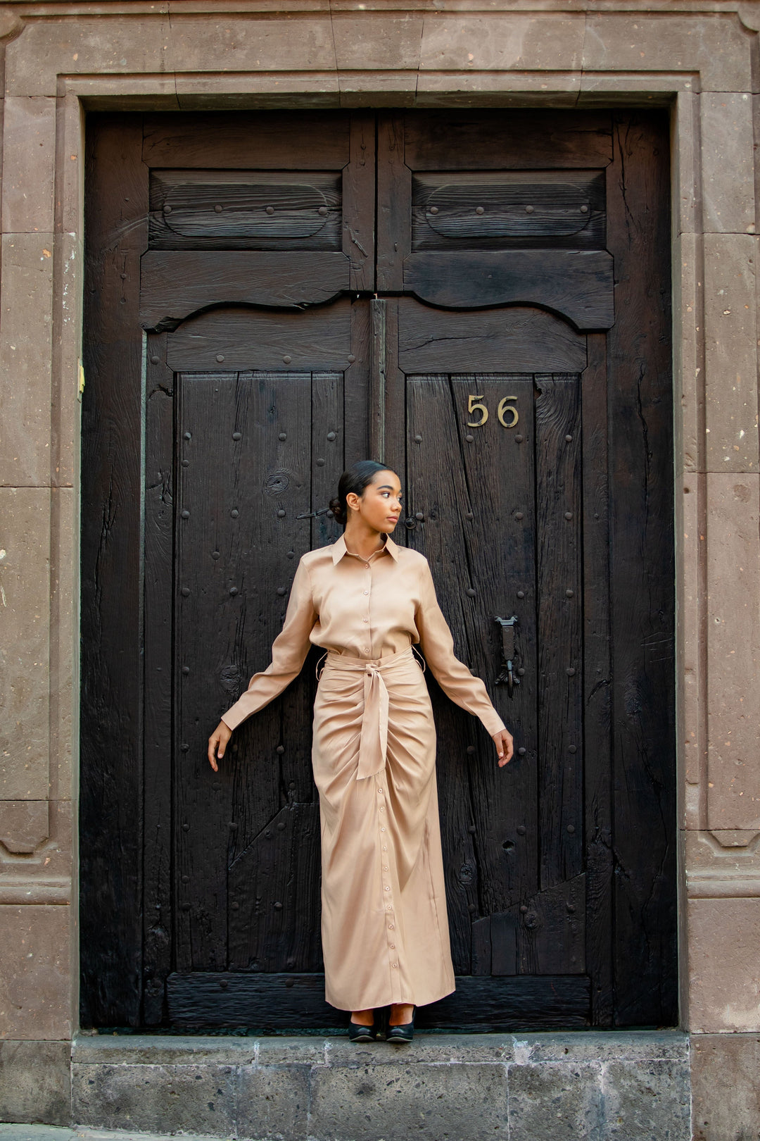 Beige Button Down Shirt and Skirt Set-CLEARANCE