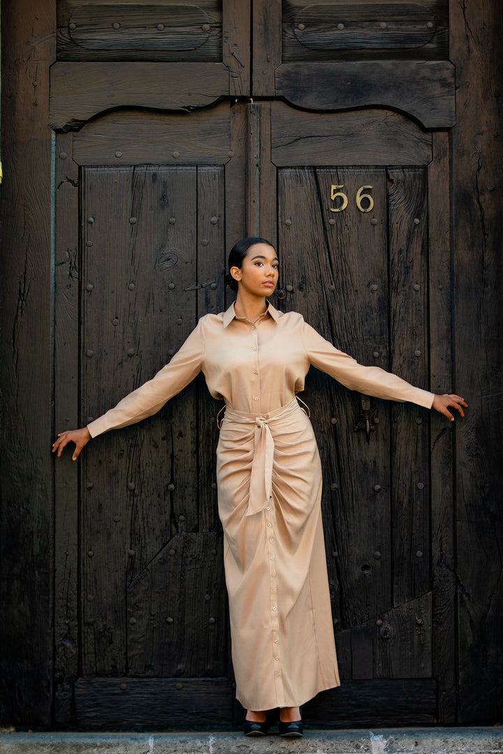 Beige Button Down Shirt and Skirt Set-CLEARANCE