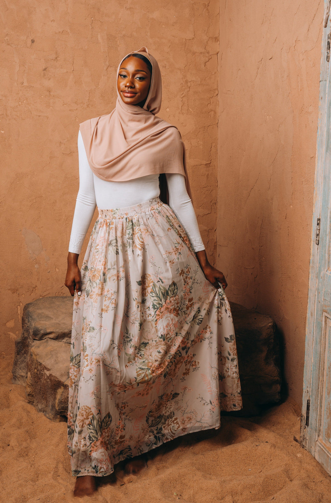 Beige Floral Chiffon Maxi Skirt