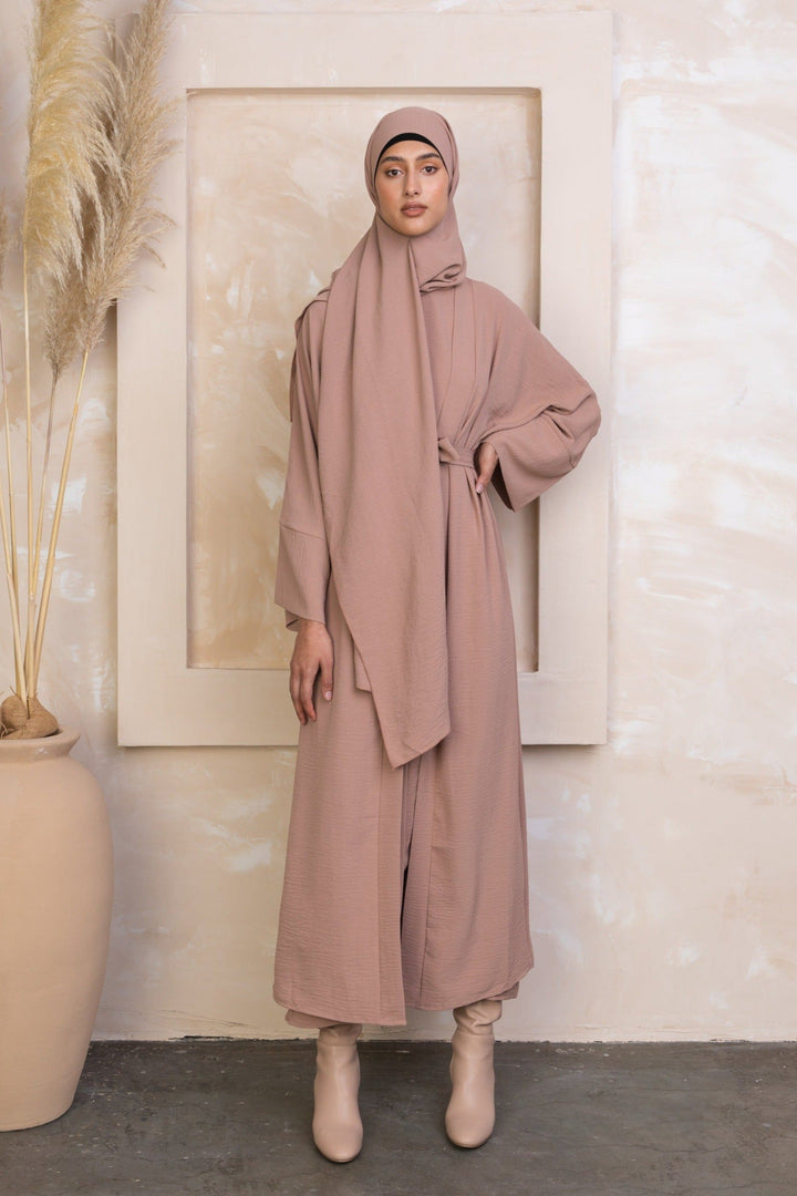 Beige Four Piece Open Abaya Set