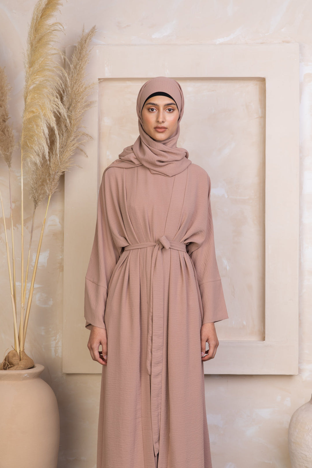 Beige Four Piece Open Abaya Set