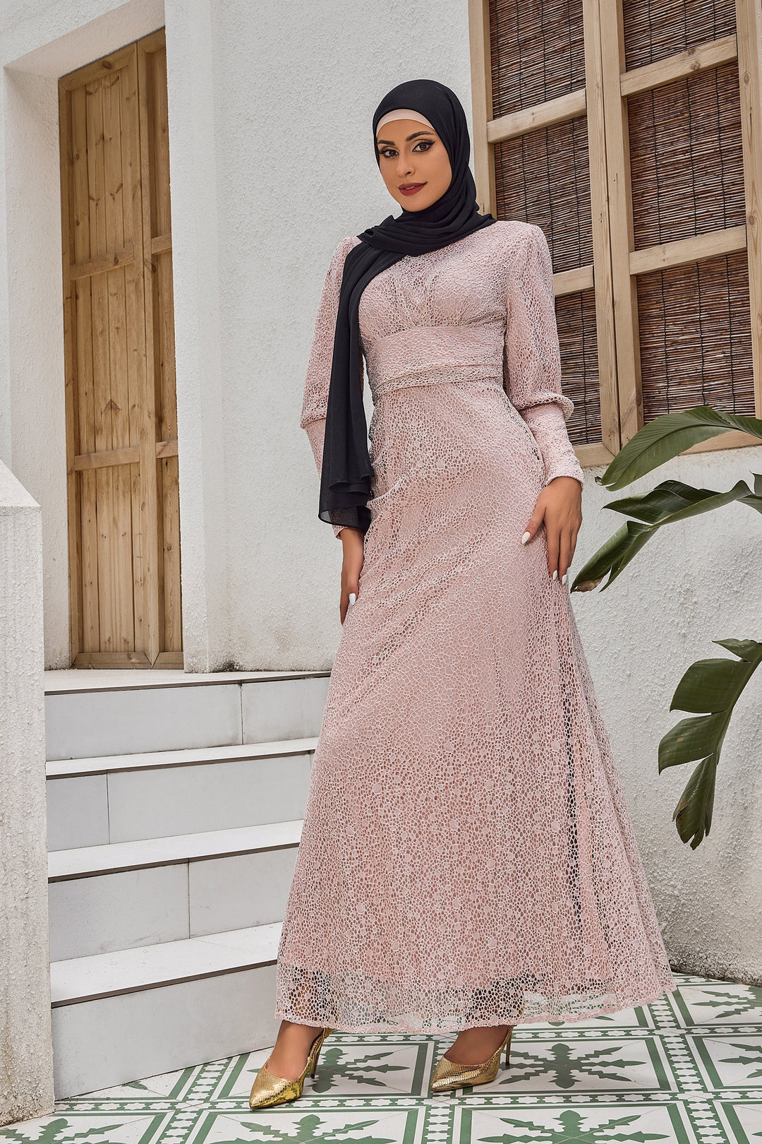 Beige Lace Ruched Waist Long Sleeve Gown