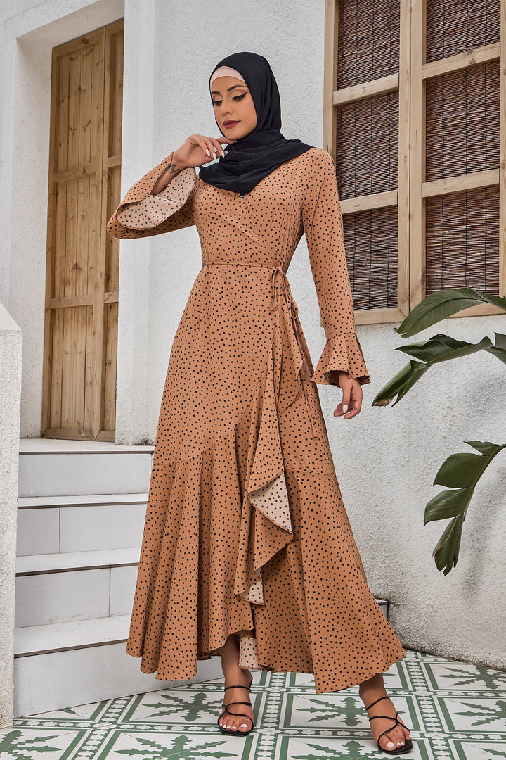 Beige Polka Dots Ruffle Wrap Maxi Dress-CLEARANCE