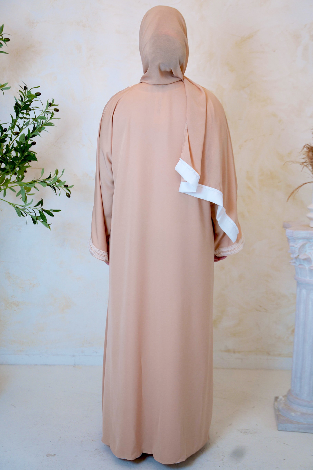 Beige and White Open Front Abaya Set