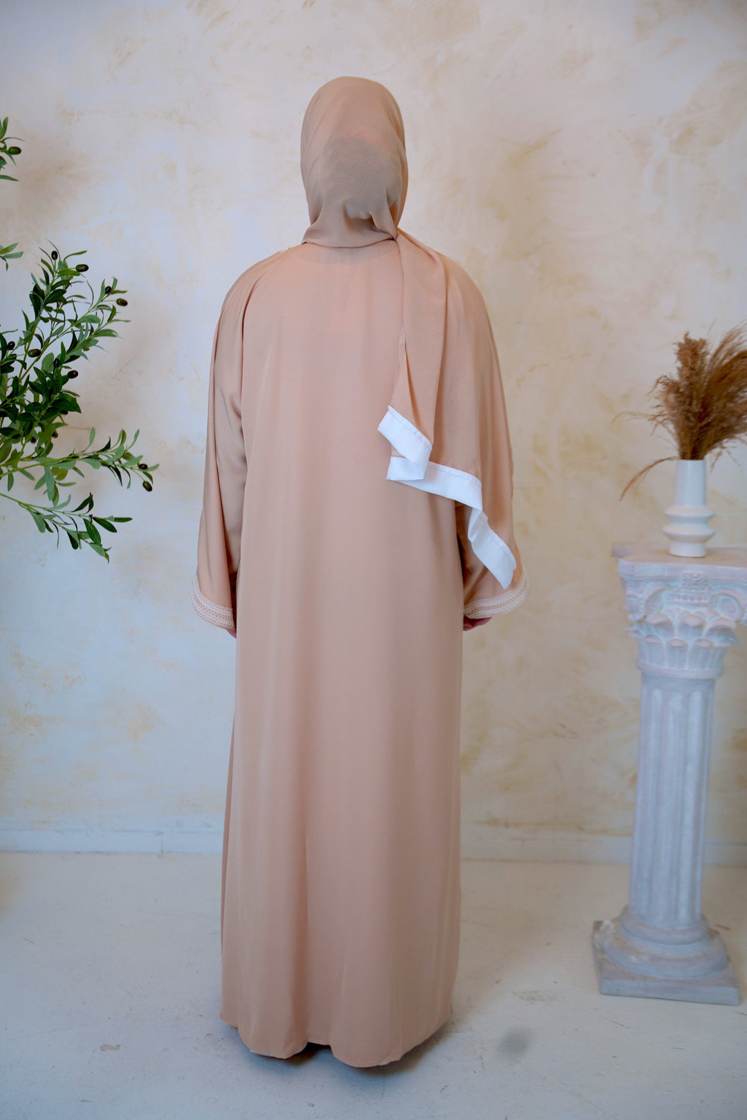 Beige and White Open Front Abaya Set