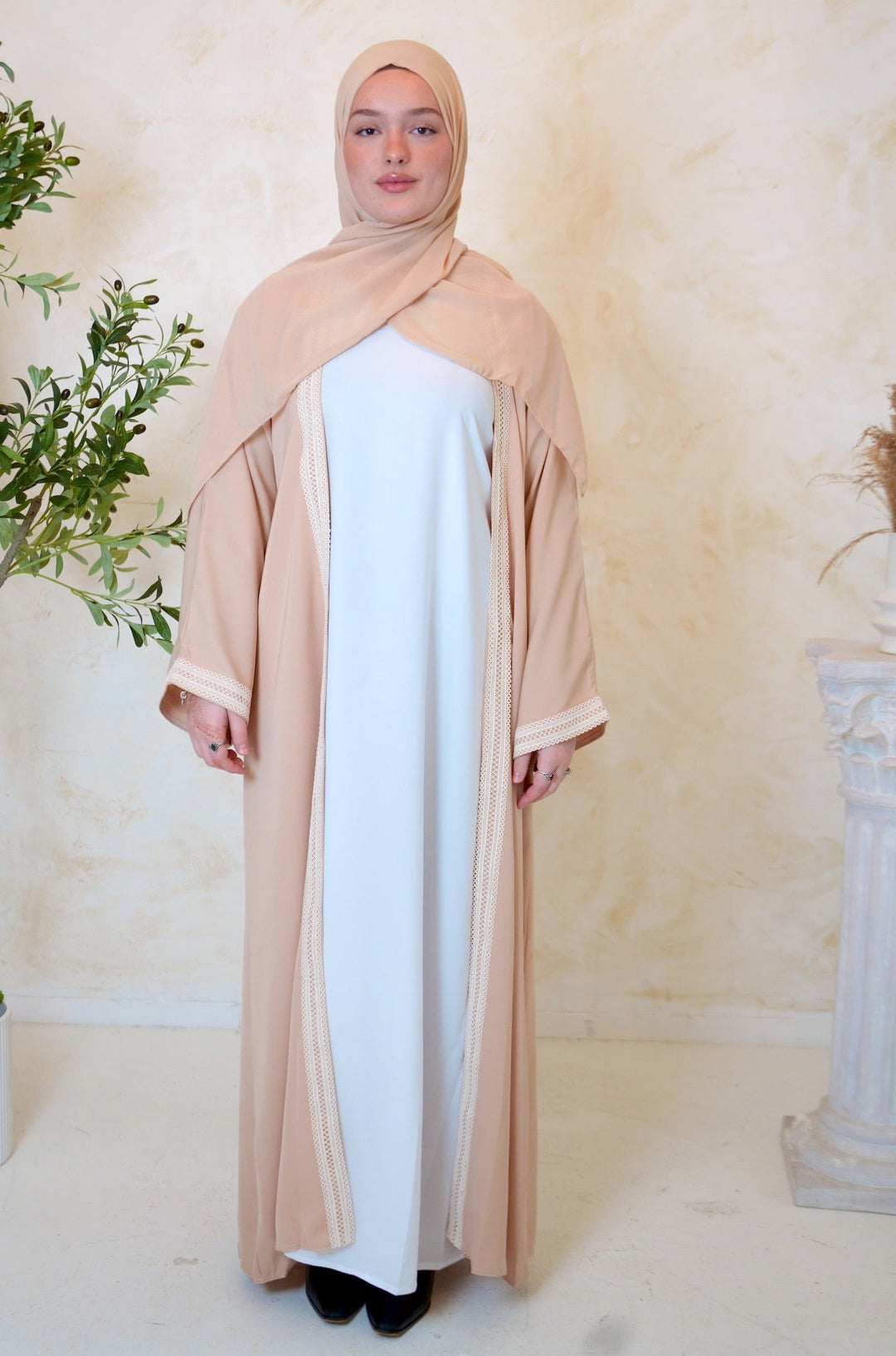 Beige and White Open Front Abaya Set-PREORDER