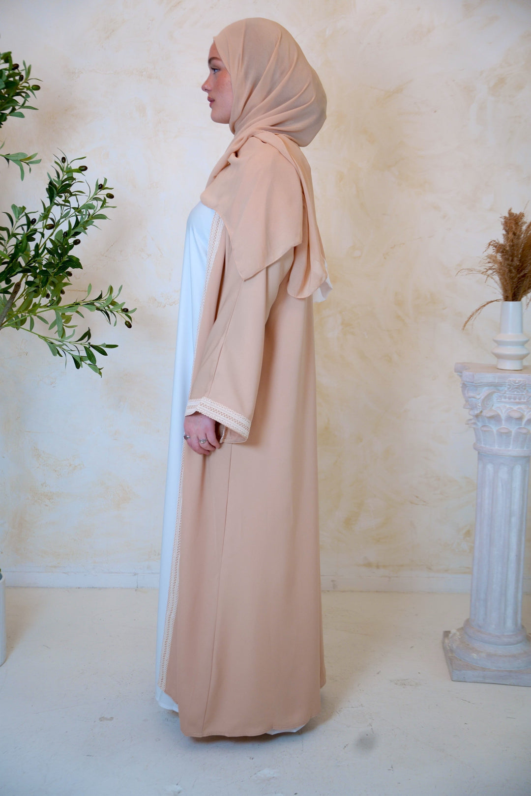 Beige and White Open Front Abaya Set-PREORDER