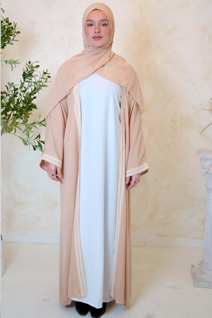 Beige and White Open Front Abaya Set-PREORDER