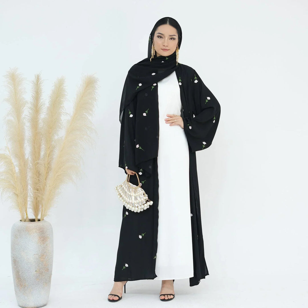 Black Allover Floral Embroidered Abaya and Hijab Set - One Size / Black