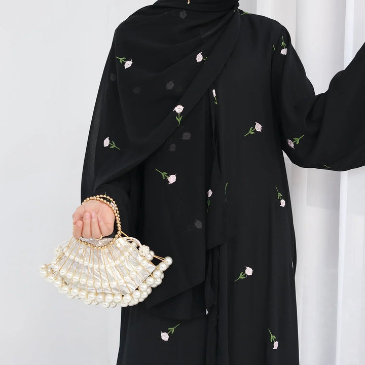 Black Allover Floral Embroidered Abaya and Hijab Set - One Size / Black