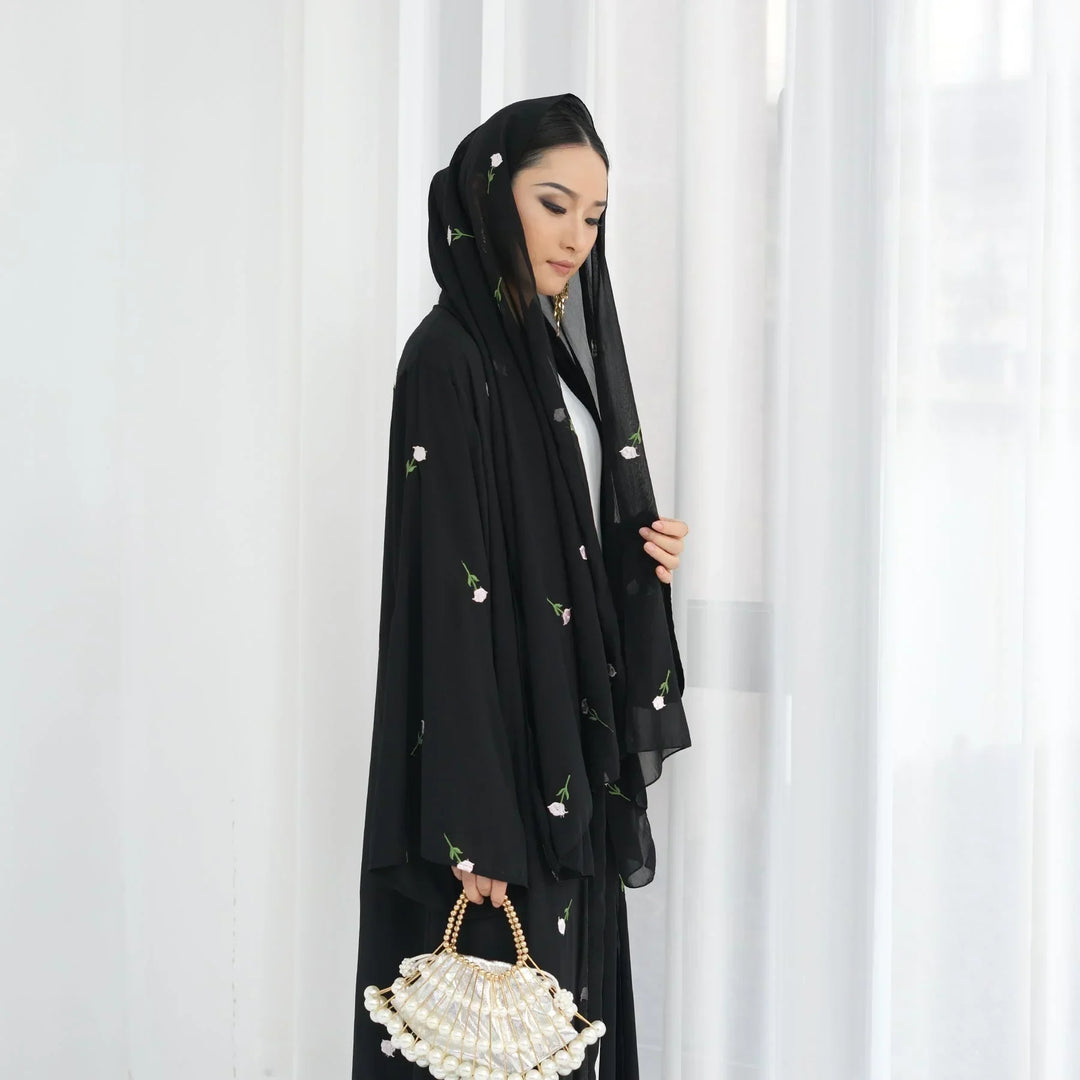 Black Allover Floral Embroidered Abaya and Hijab Set - One Size / Black