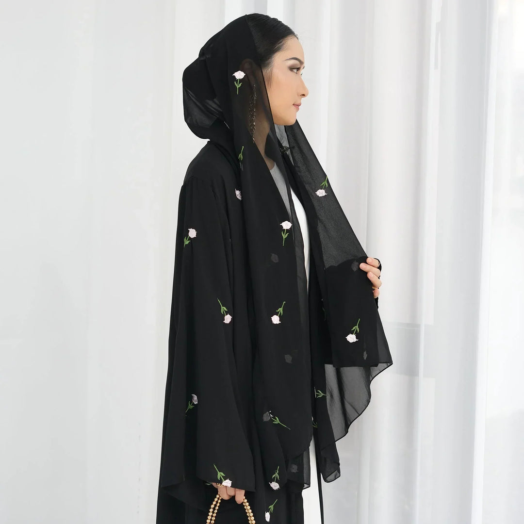 Black Allover Floral Embroidered Abaya and Hijab Set - One Size / Black