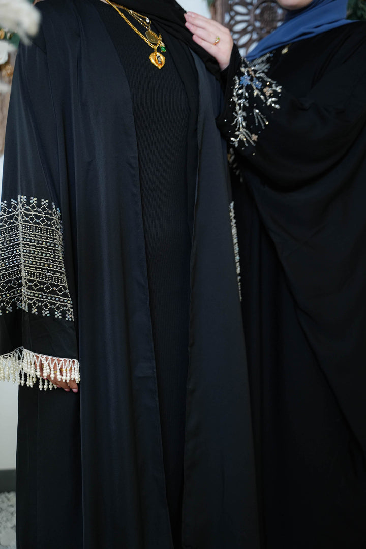 Black Beaded Fringe Sleeves Open Front Abaya