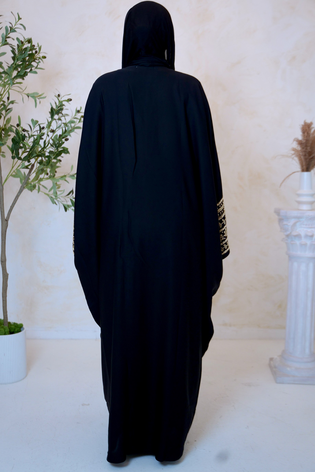 Black Beaded Sleeves Belted Open Front Abaya