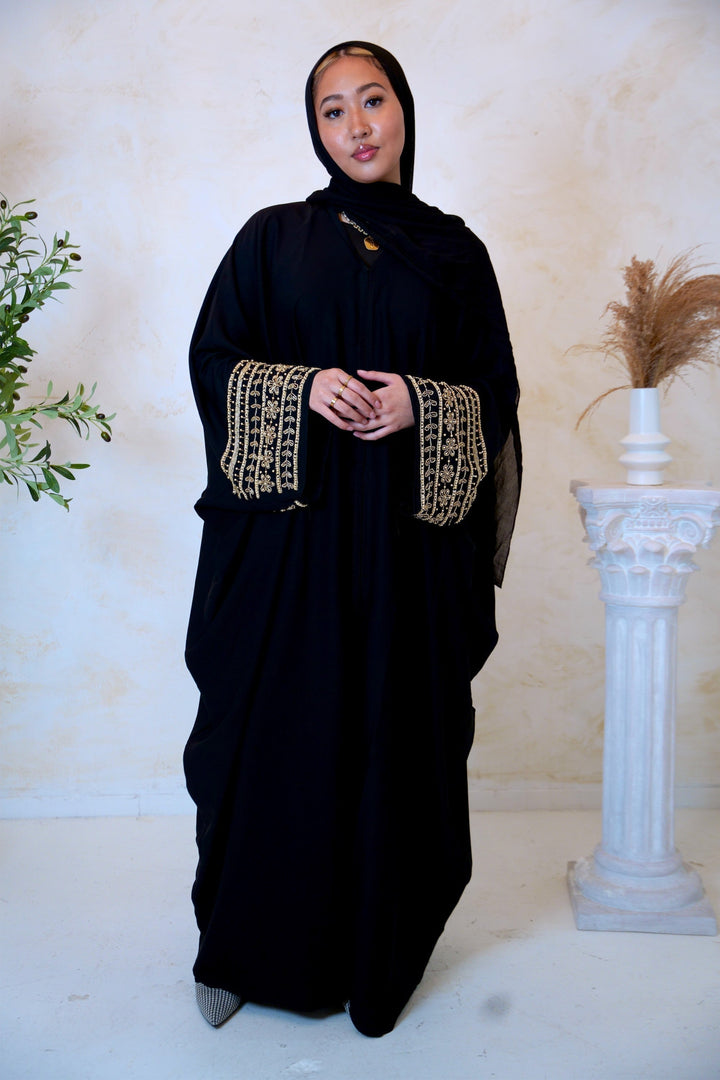 Black Beaded Sleeves Belted Open Front Abaya