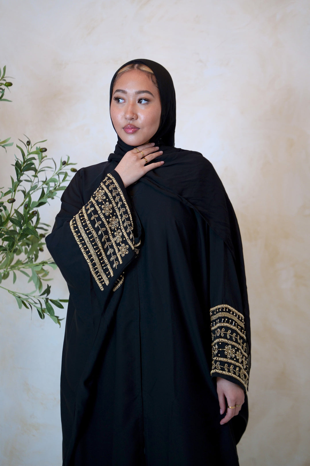 Black Beaded Sleeves Belted Open Front Abaya