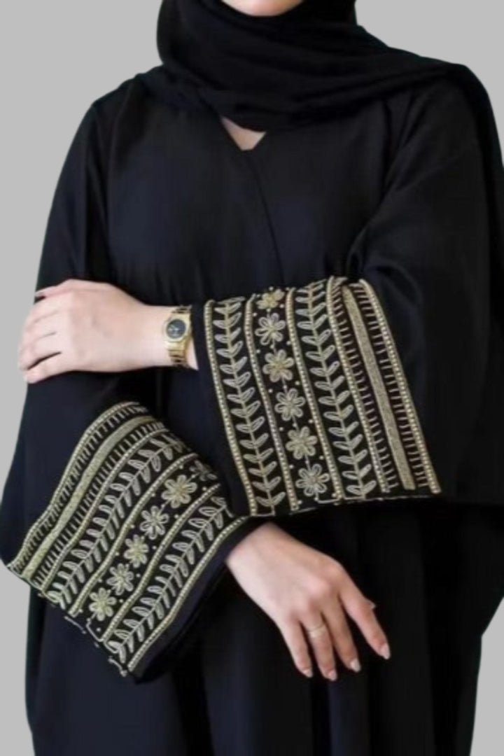 Black Beaded Sleeves Belted Open Front Abaya