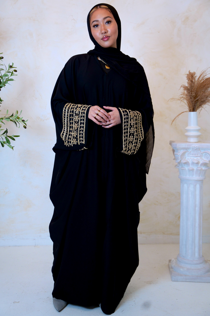 Black Beaded Sleeves Belted Open Front Abaya