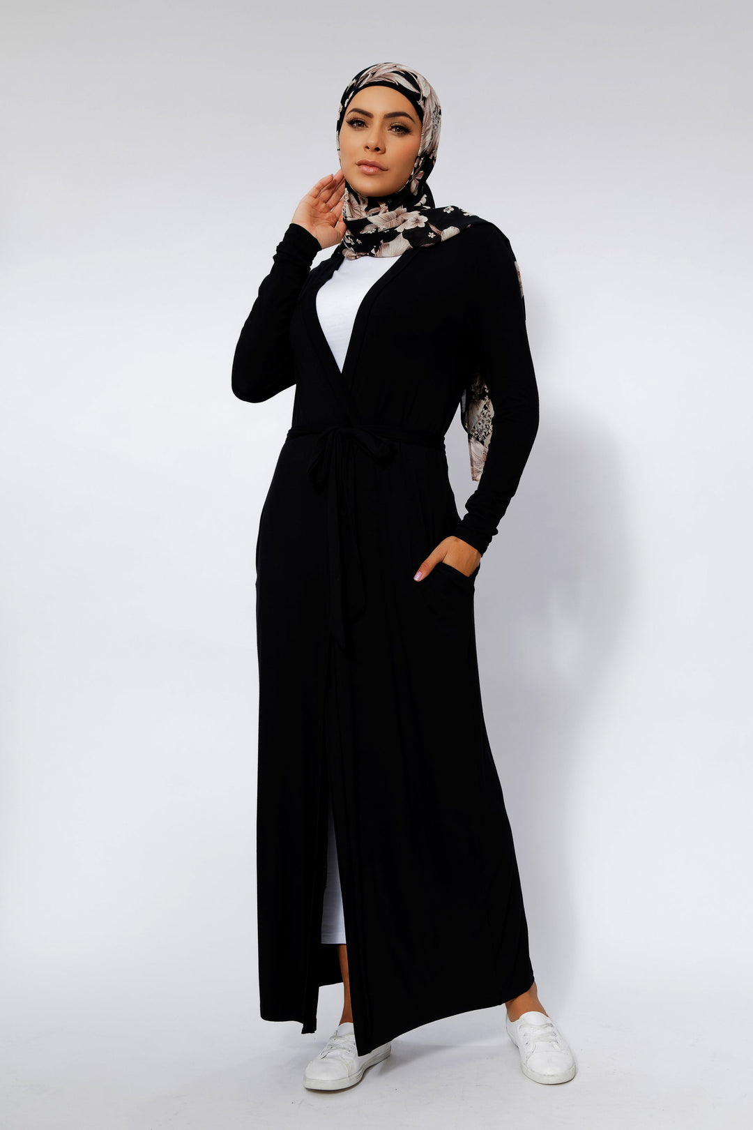 Black Belted Cotton Non-Sheer Maxi Cardigan-PREORDER