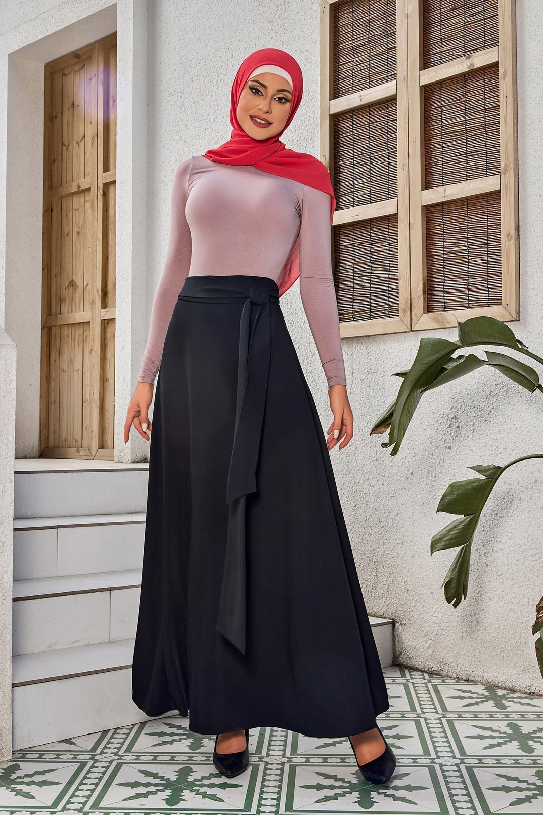 Black Flowy Tie-Belt Maxi Skirt
