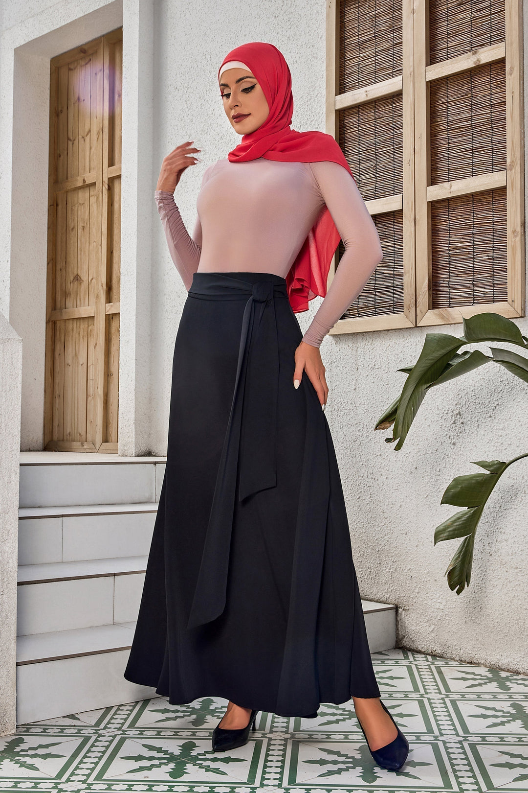 Black Flowy Tie-Belt Maxi Skirt