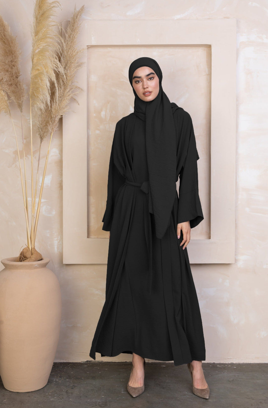 Black modest dress with hijab in Four Piece Abaya Set