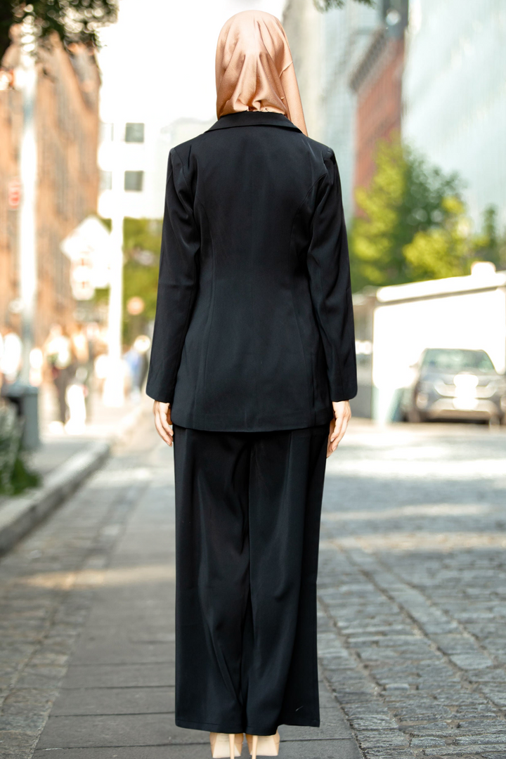 Woman in black suit and hijab for Black Jacket and Pants Suit Set