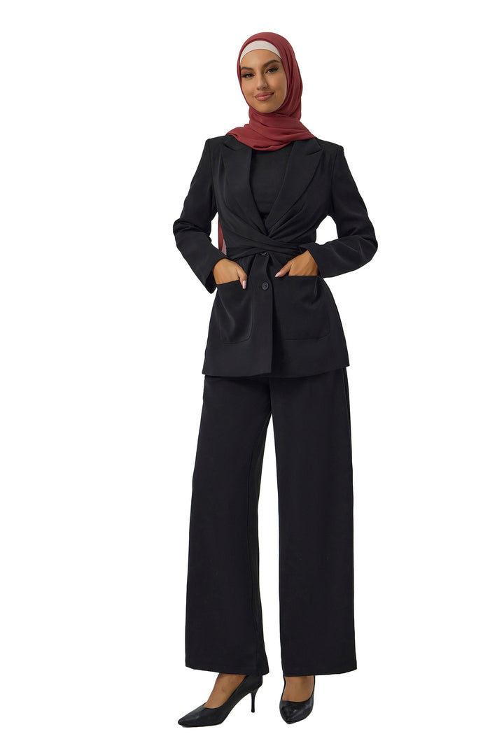 Elegant black pantsuit with maroon hijab for women