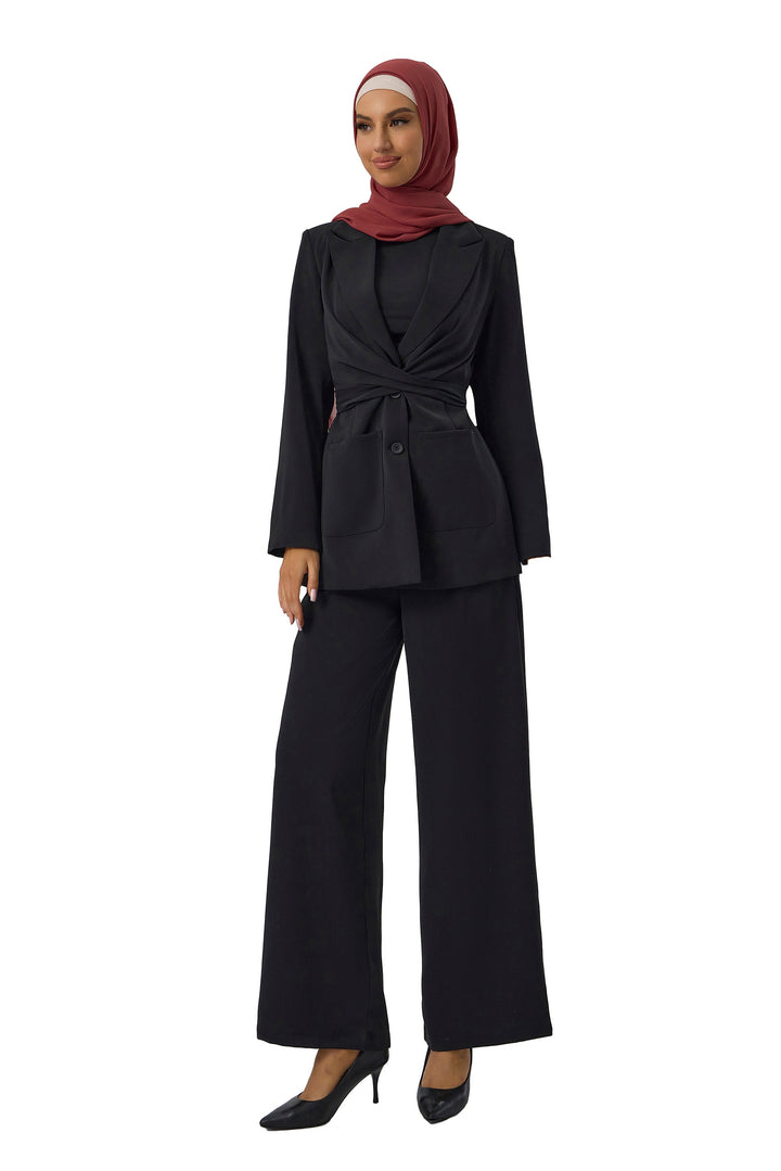 Black pantsuit with maroon hijab in jacket and pants set
