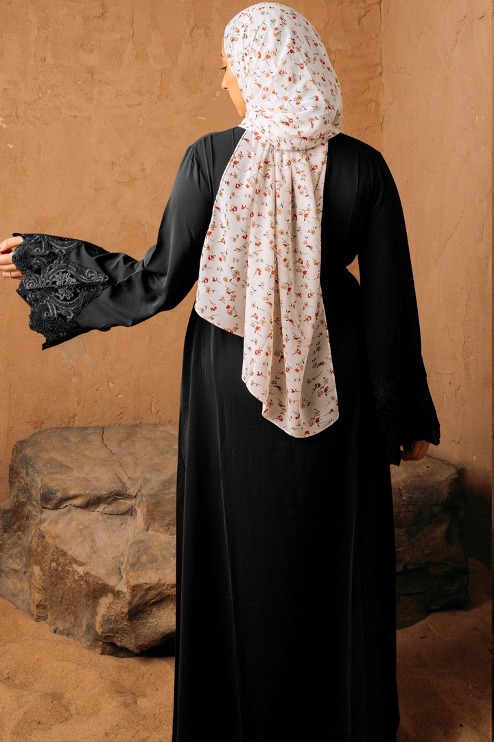 Black Lace Sleeve Front Zipper Abaya Dress