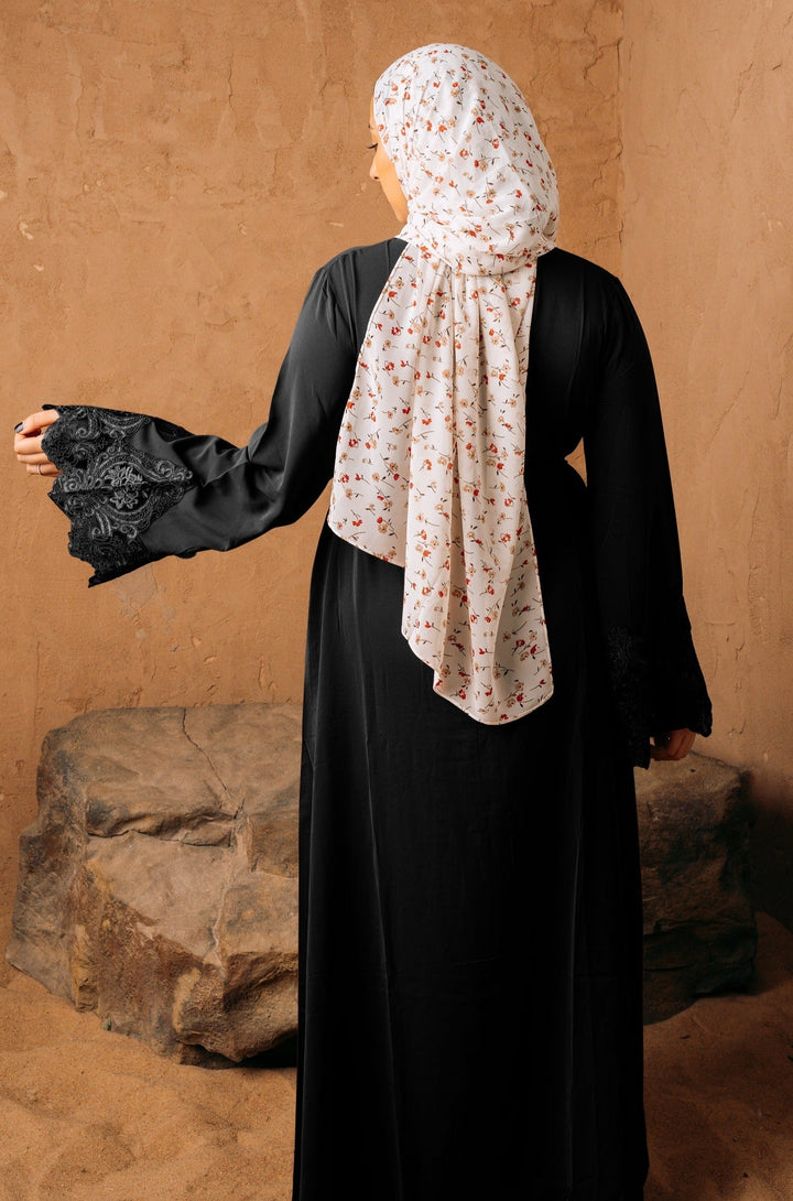 Black Lace Sleeve Front Zipper Abaya Dress