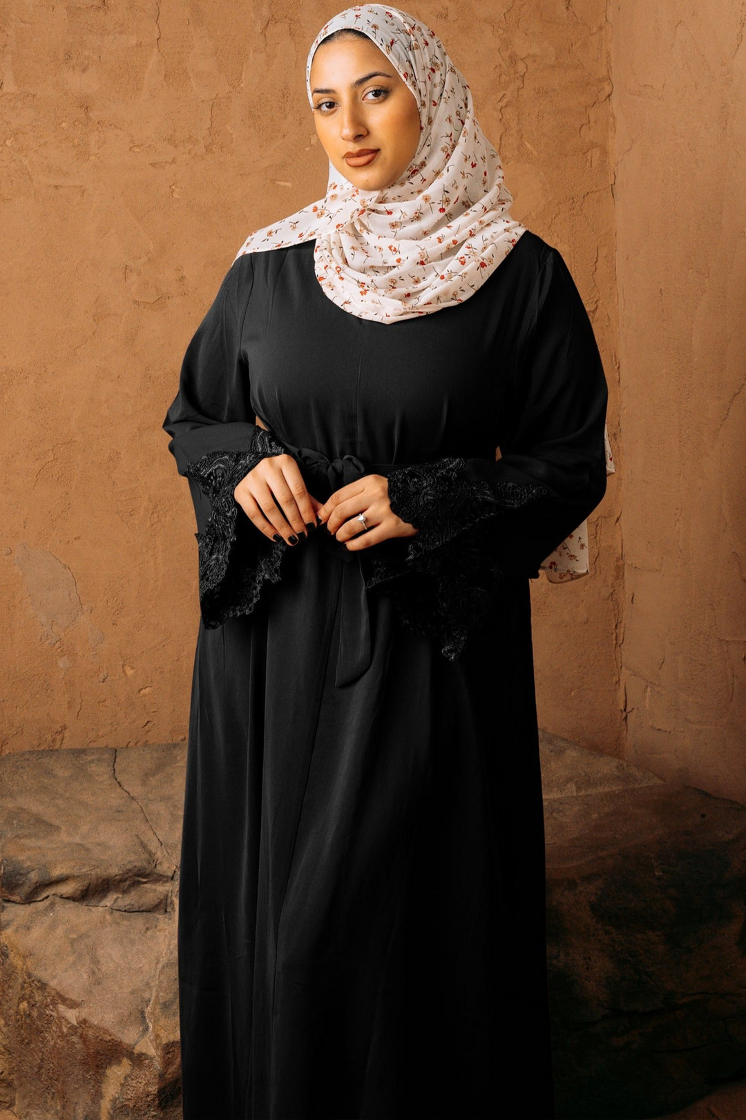 Black Lace Sleeve Front Zipper Abaya Dress-PREORDER