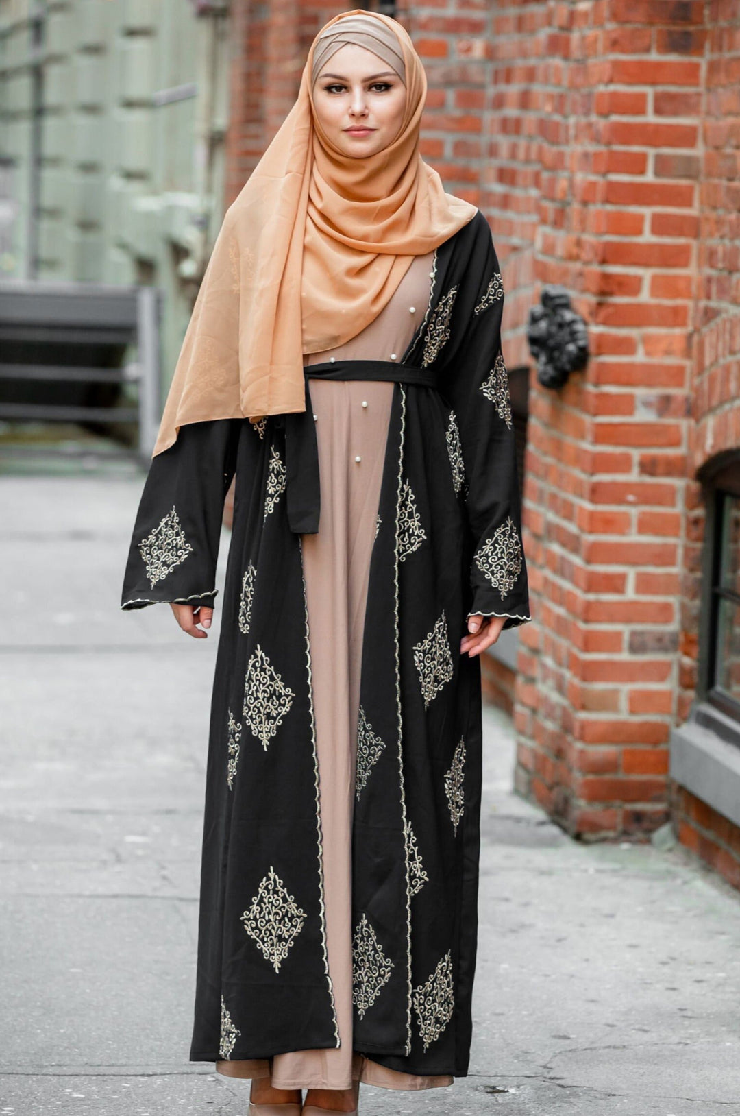 Black Marrakech Damask Open Front Abaya-CLEARANCE