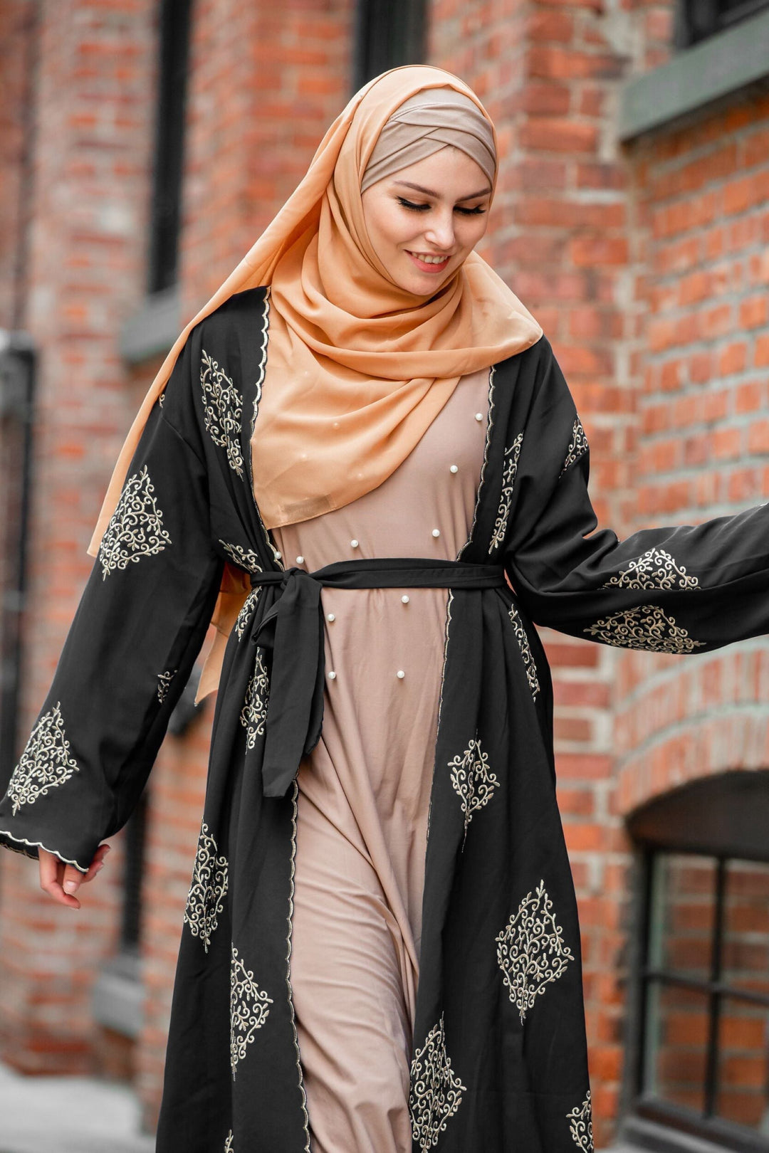 Black Marrakech Damask Open Front Abaya-CLEARANCE