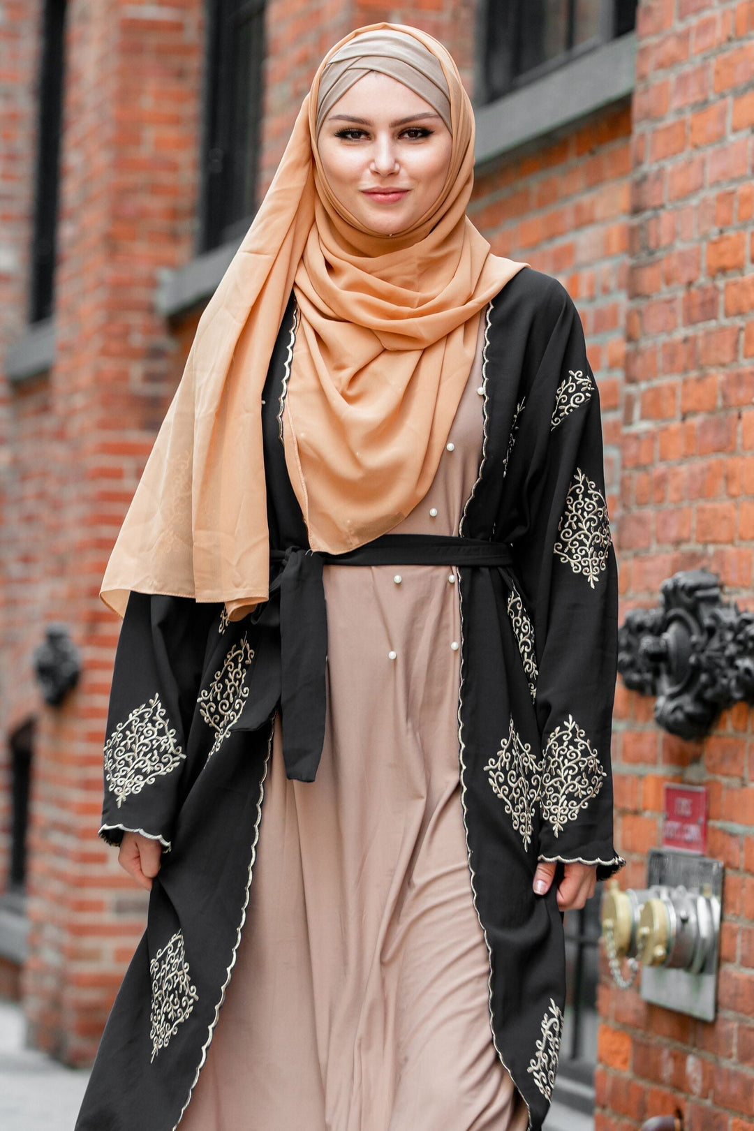 Black Marrakech Damask Open Front Abaya-CLEARANCE