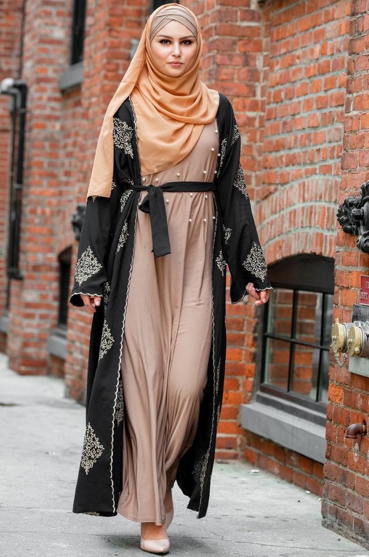 Black Marrakech Damask Open Front Abaya-CLEARANCE