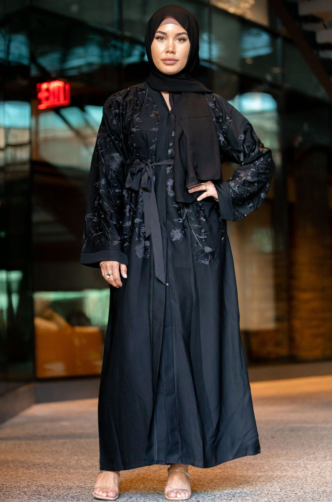 Black On Black Florals Open Front Abaya