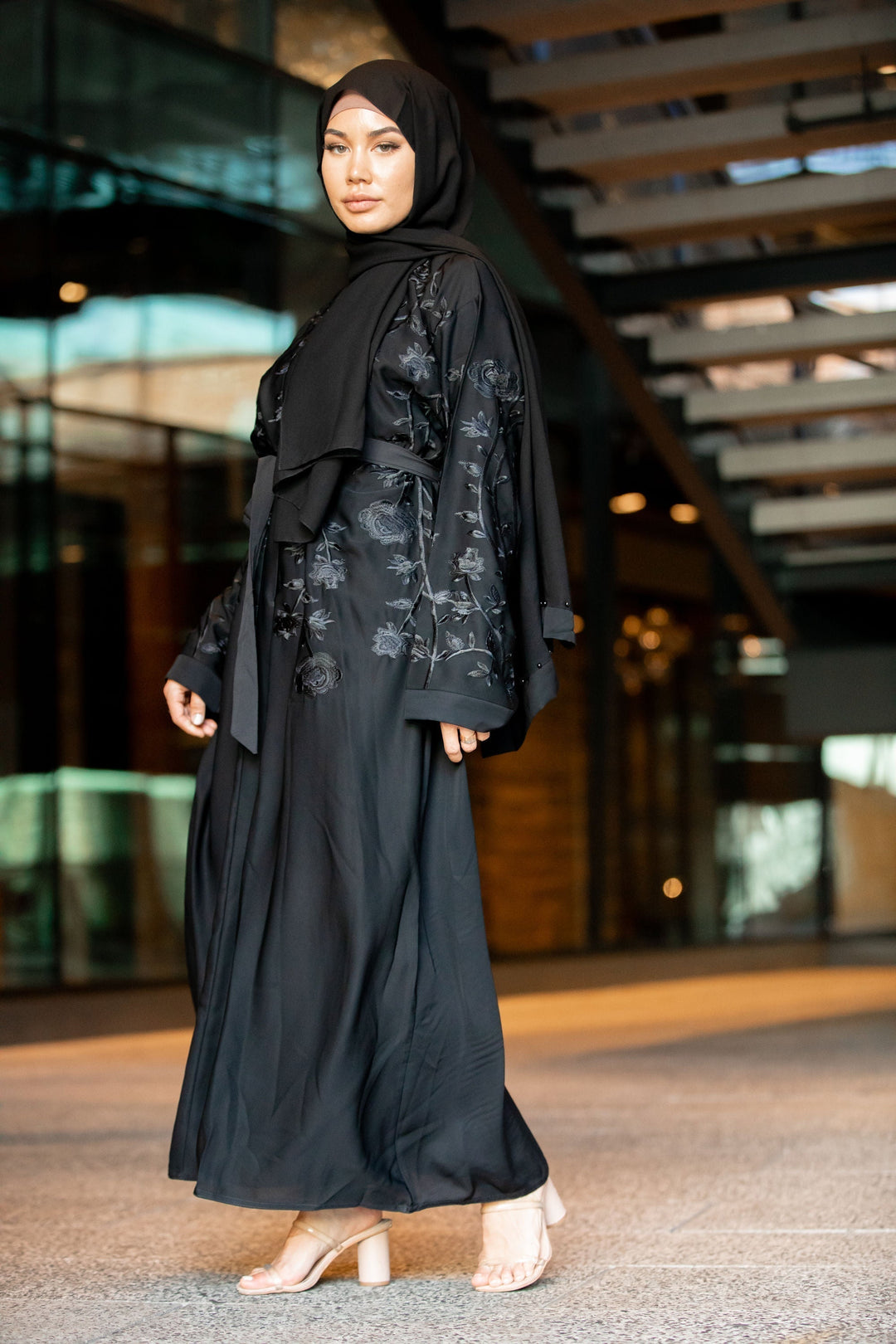 Black On Black Florals Open Front Abaya