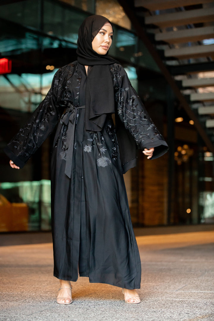 Black On Black Florals Open Front Abaya