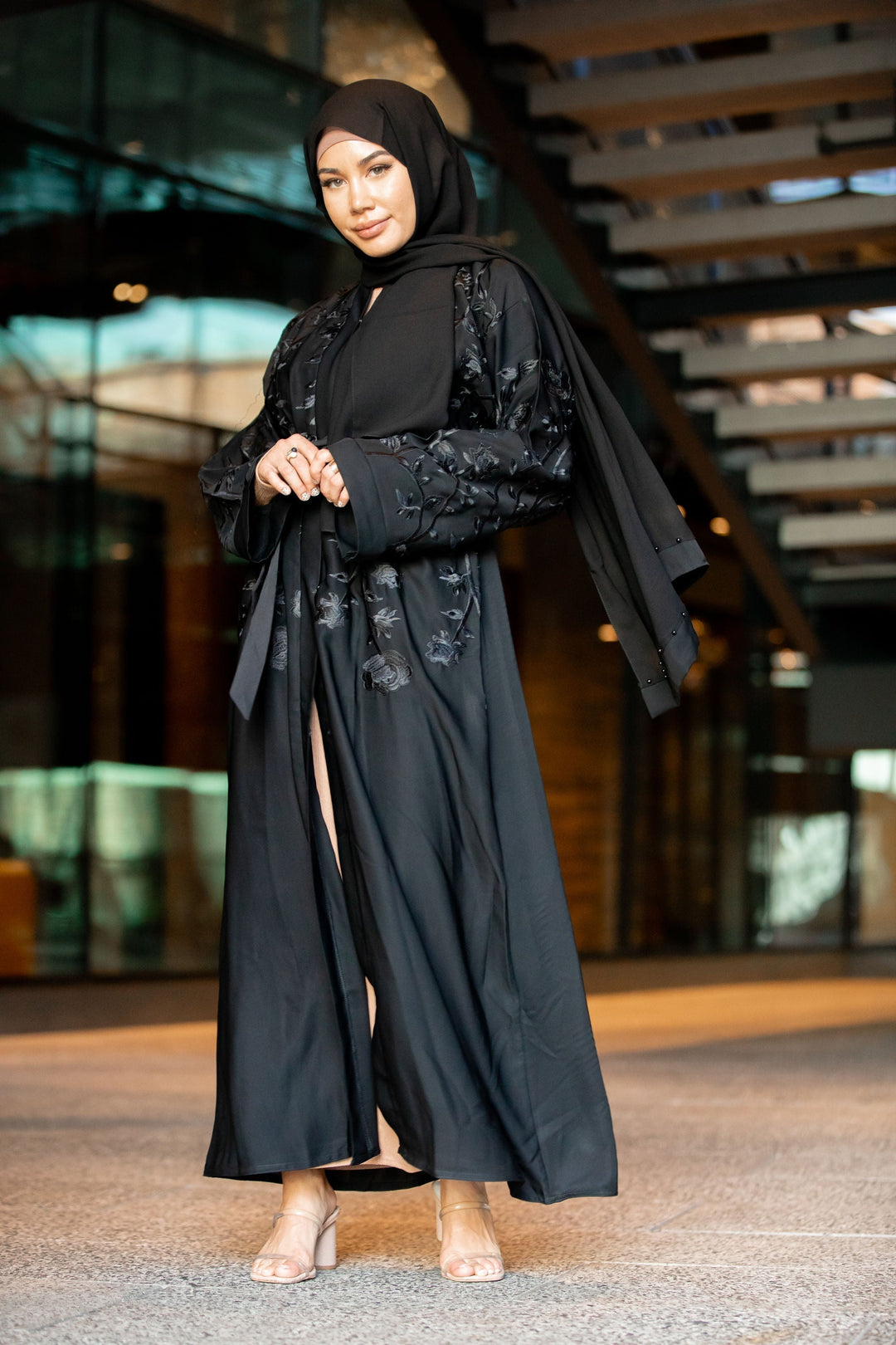 Black On Black Florals Open Front Abaya