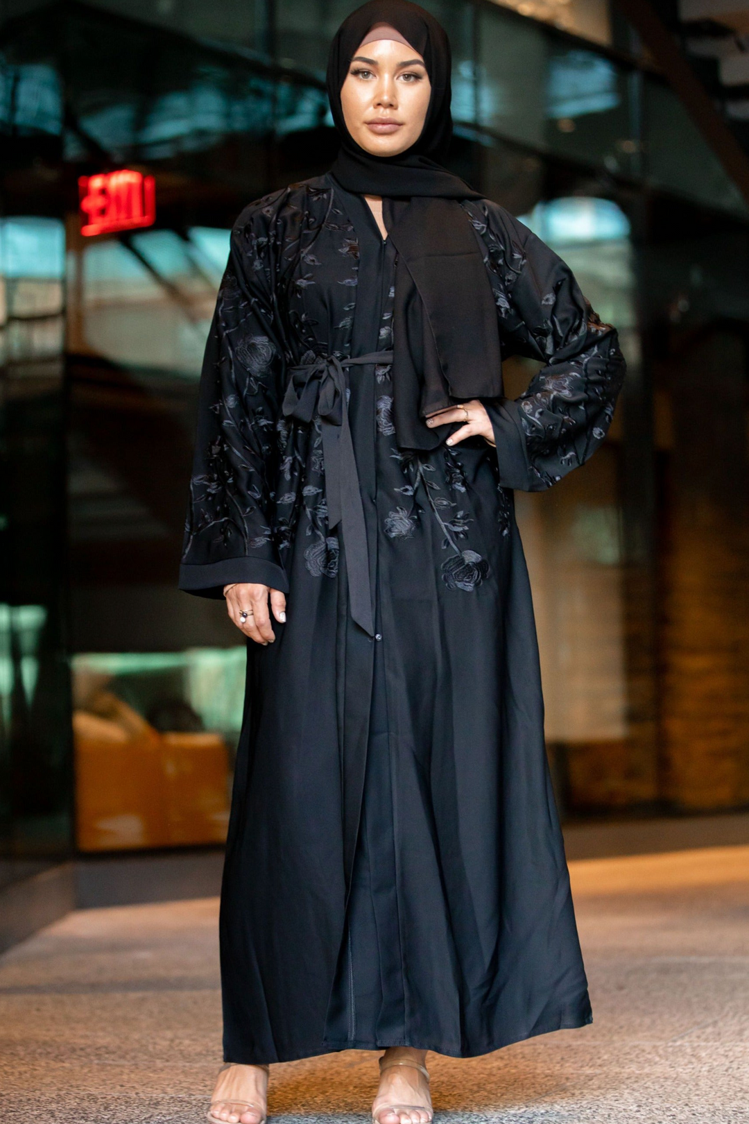 Black On Black Florals Open Front Abaya-PREORDER