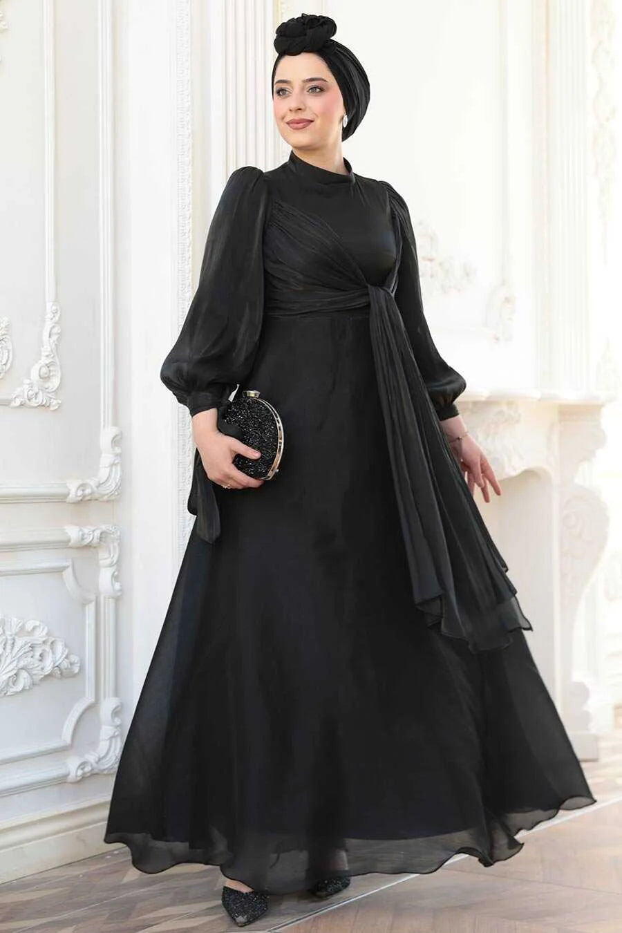 Elegant Black Organza Criss Cross Gown with fit and flare silhouette, crew neckline, for an elevated, regal style.