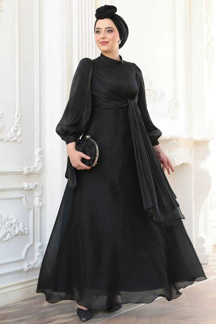Elegant Black Organza Criss Cross Gown with fit and flare silhouette, crew neckline, for an elevated, regal style.