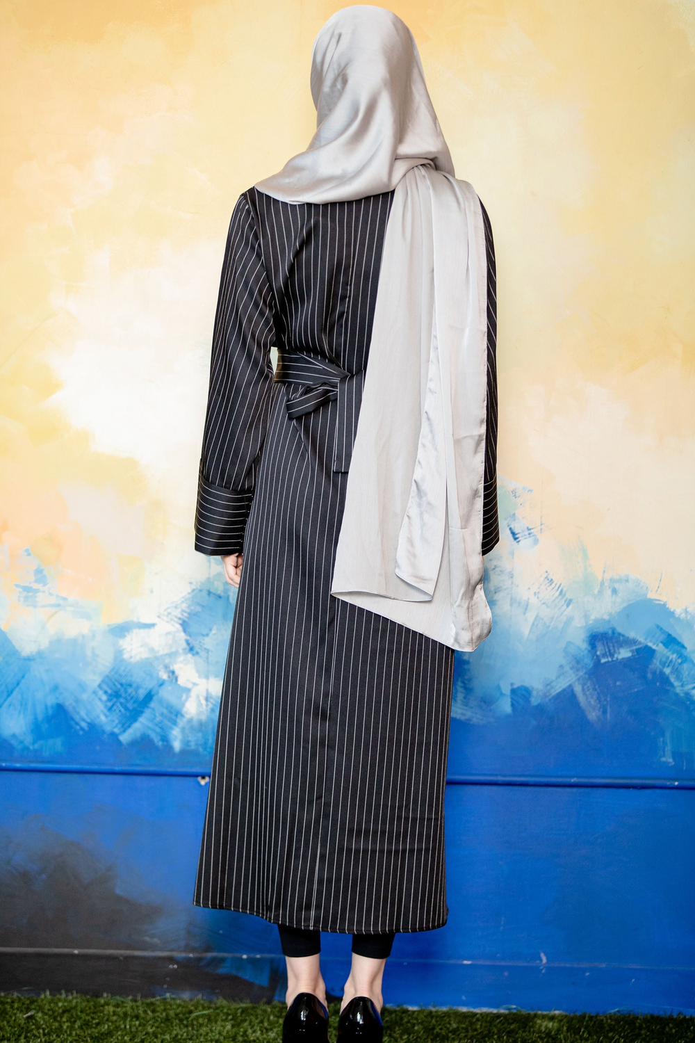 Black Pinstripe Kimono Sleeve Abaya-CLEARANCE