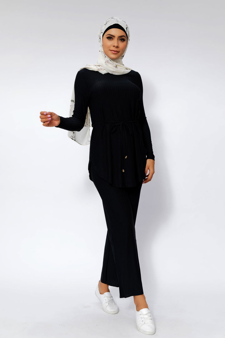 Black Ribbed Tunic & Pants Set