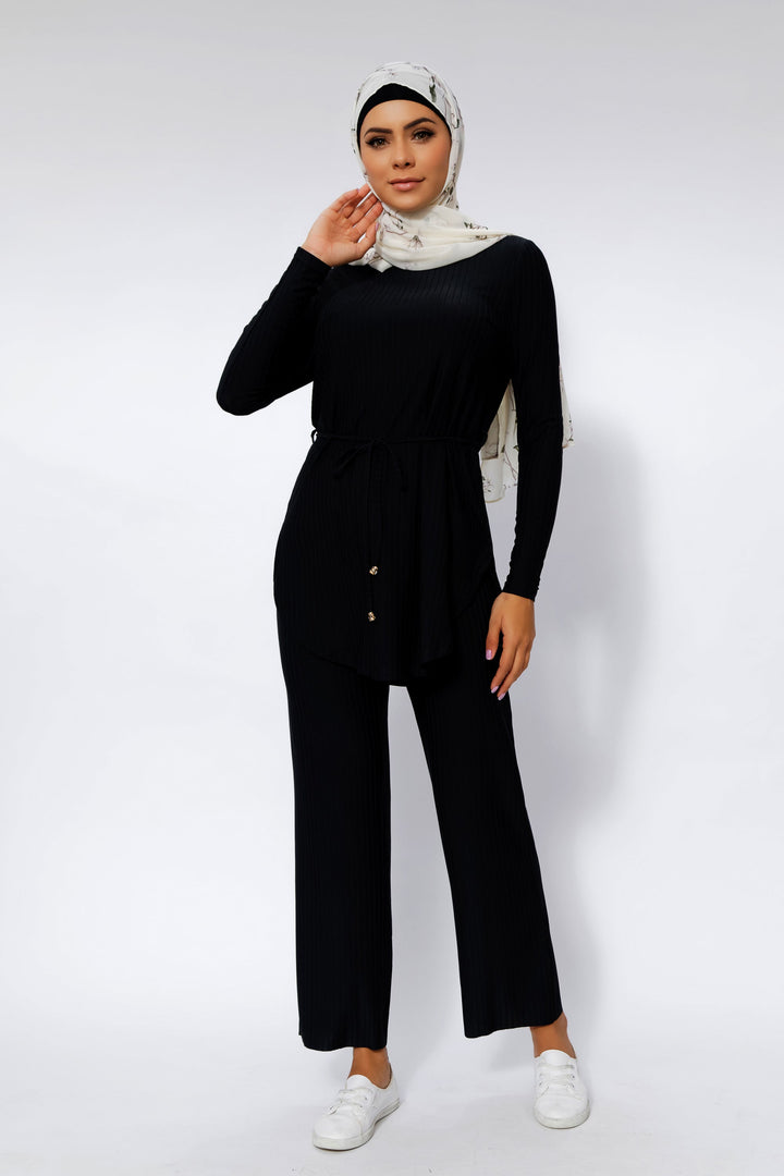 Black Ribbed Tunic & Pants Set