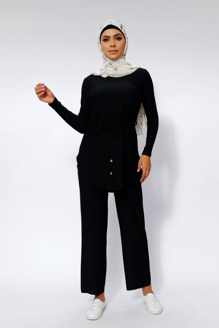 Black Ribbed Tunic & Pants Set-PREORDER