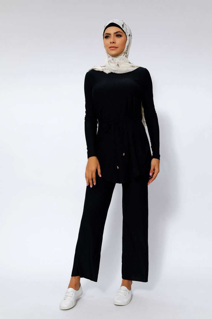 Black Ribbed Tunic & Pants Set-PREORDER